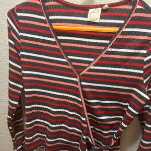 Striped V-Neck Knit Long Sleeve Top